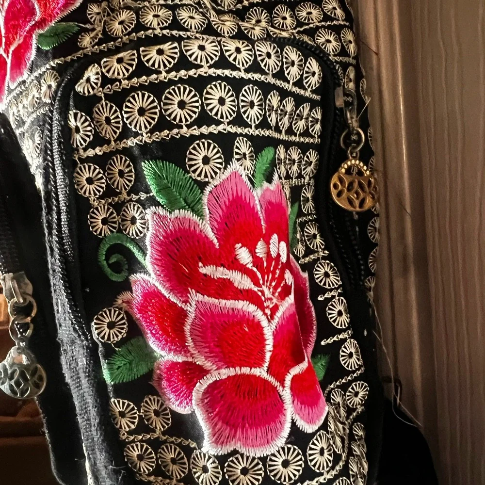 Floral Embroidered Backpack - Black and Red